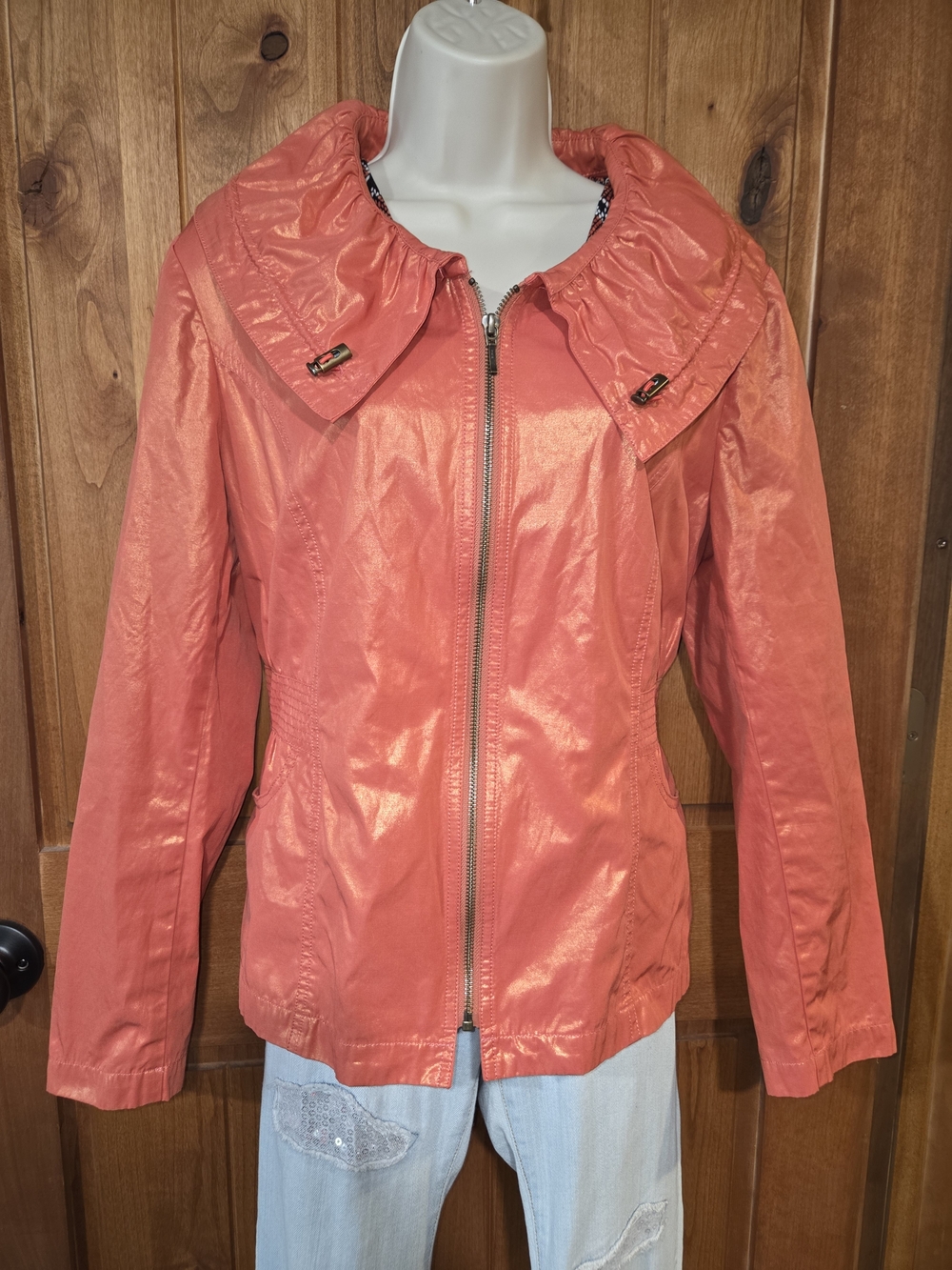 Tribal Shimmer Zip-Front Utility Jacket in Coral